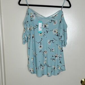 Kaileigh Floral Cold Shoulder Blouse in Light Blue